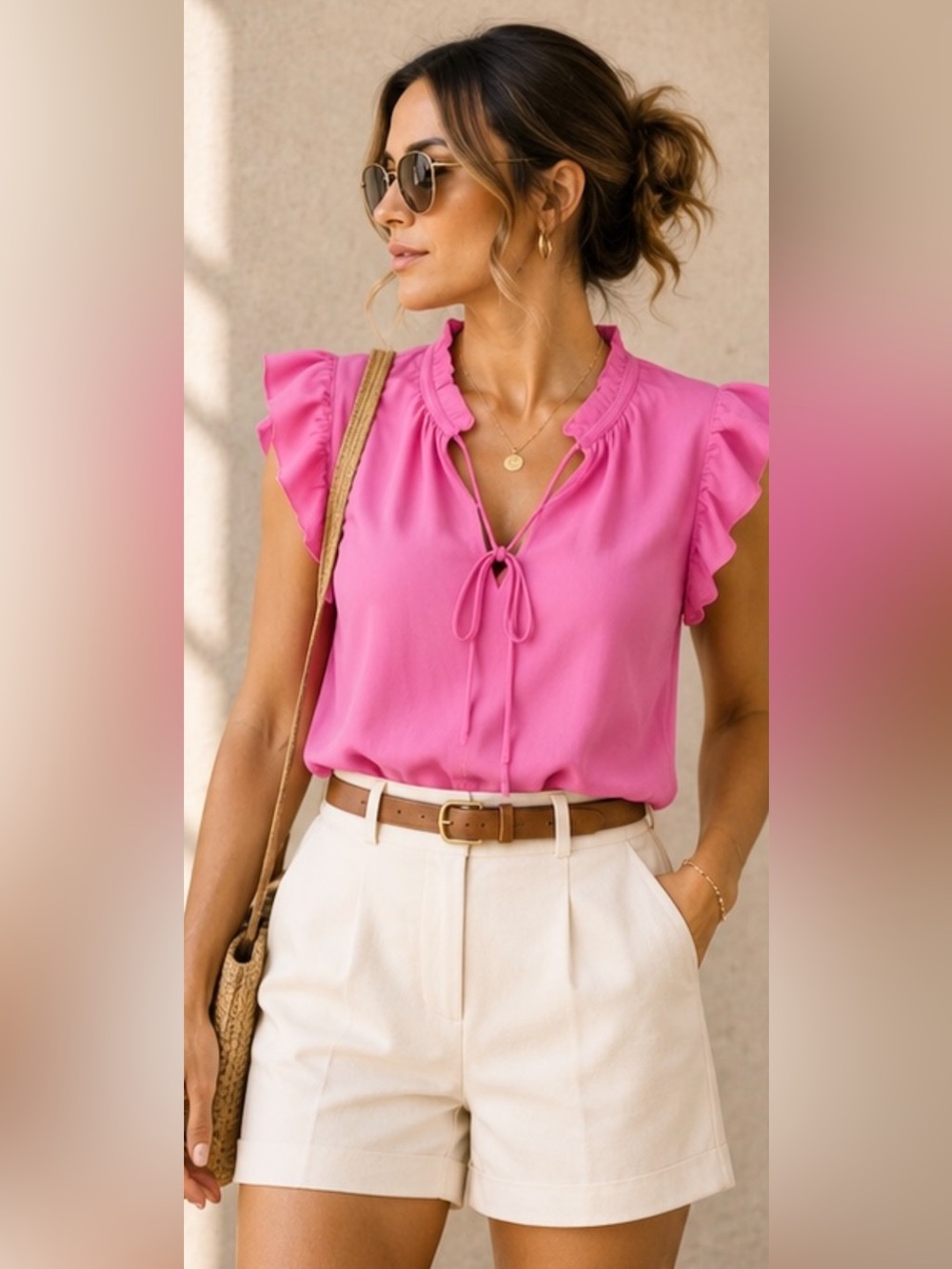 Chic femenine Ruffle Sleeve Tie-Neck Blouse in Pink silky